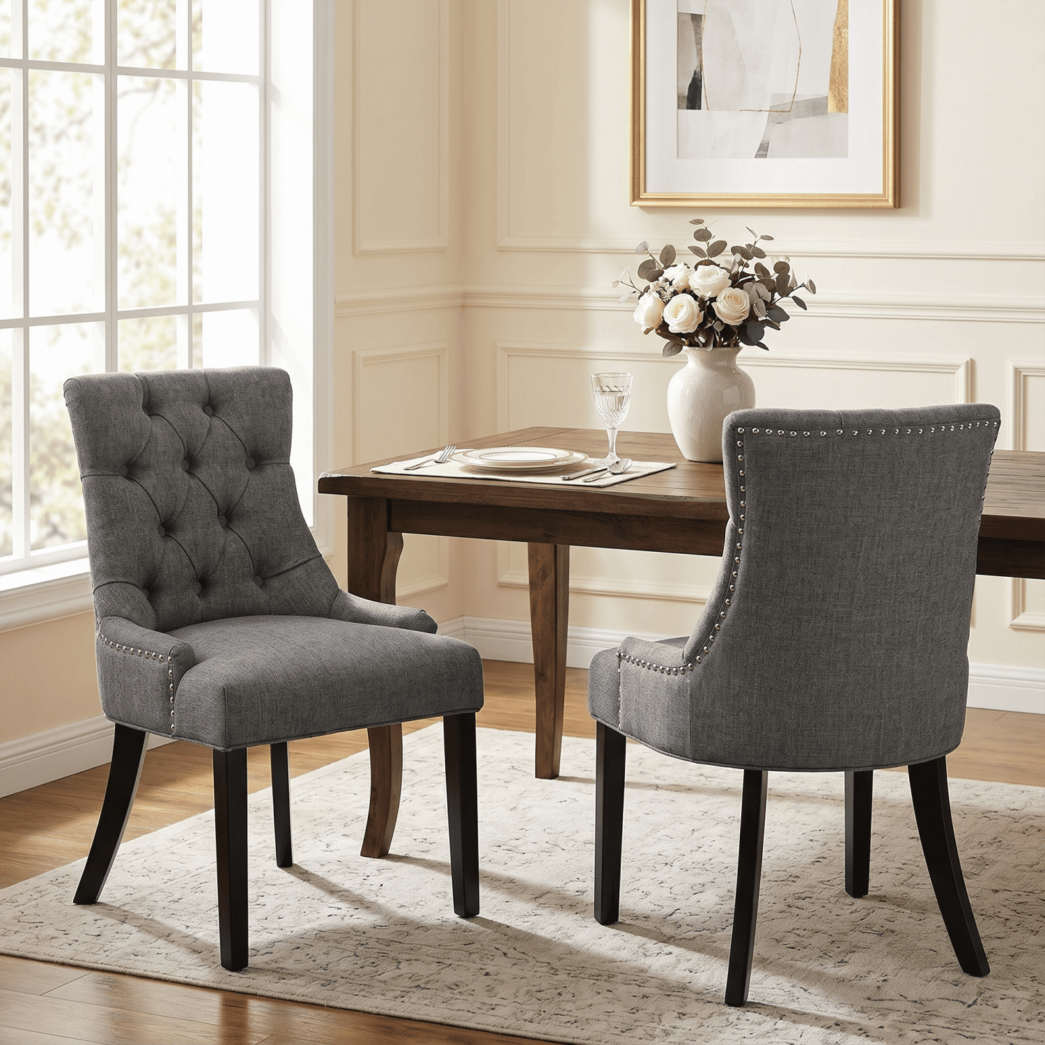 Homy Casa Set of 2 Tufted Upholstered High Back Dining Chairs with Nailhead Trim Charcoal