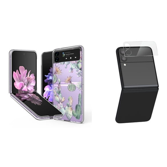 Bemz Premium Bundle for Samsung Galaxy Z Flip 3 5G: Slim Snap-On Protector Case (Watercolor Cactus), Rear Camera Glass Protector