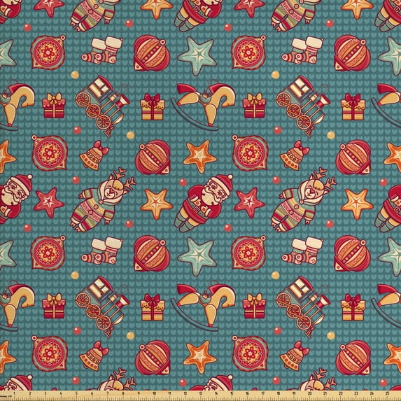 Christmas Sofa Upholstery Fabric by the Yard, Hand Drawn Composition of Noel Elements Santa and Reindeer on Hearts Background, Decorative Fabric for DIY and Home Accents, Multicolor by Ambesonne