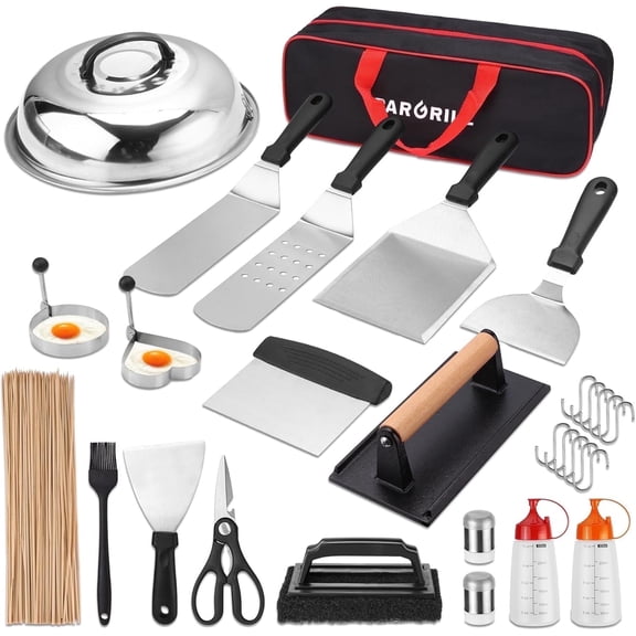 PARGRILL 128 PCS Griddle Accessories Kit, Stainless Steel Grill Tool Set with Spatulas, Scrapers, Squeeze Bottles, Skewers, Outdoor BBQ set