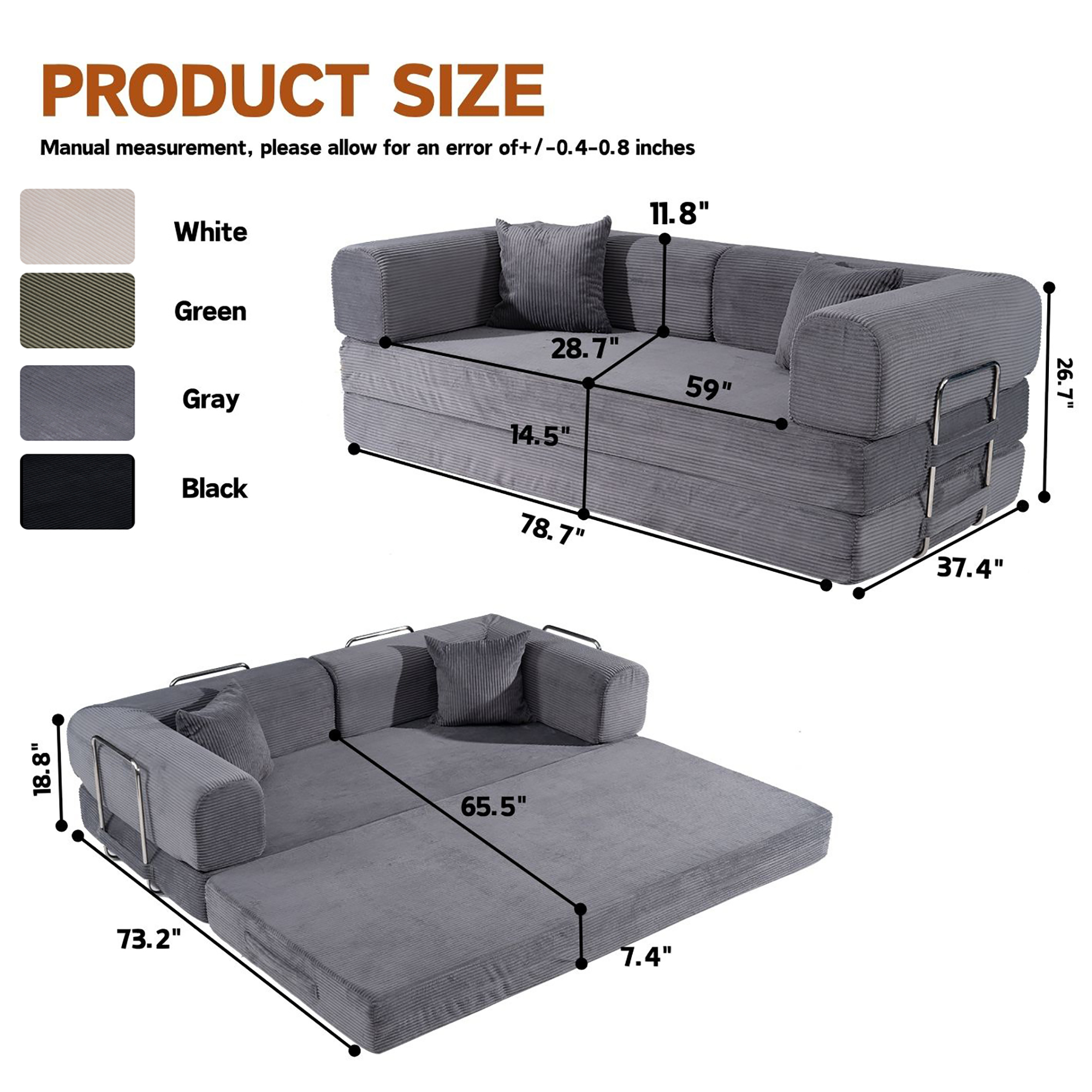 HOQBN Convertible Sofa Bed, Corduroy Fold Out Futon Sleeper Mattress with Pillows, Boneless Folding Floor Couch for Living Room Bedroom Gray