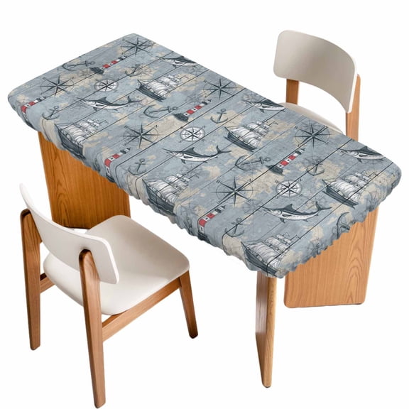 Blue Seaports Table Cloths for 3 Foot Rectangle Tables, Vintage Ocean Anchor Shark Farmhouse Wood Patio Waterproof Elastic Fitted Tablecloths, Washable Rectangular Table Cover for Camping