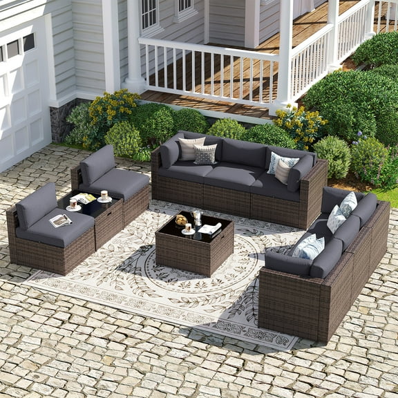 Sunmthink Patio Furniture Sets, 10-Piece Outdoor Patio Furniture with Thick Cushions, Wicker Outdoor Conversation Set and Waterproof Cover for Backyard, Poolside, Garden