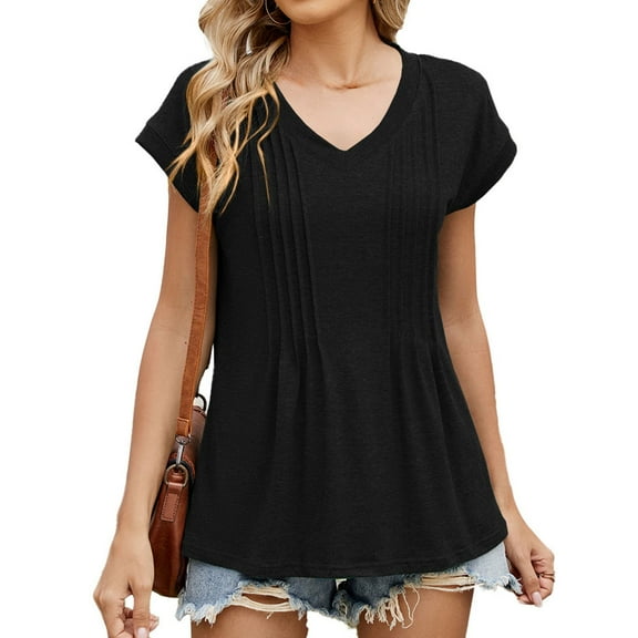 Tittly T Shirts for Women Spring Tops for Women Womens Tops Casual Summer Sleeve T Shirts Trendy Ruffle Short Sleeve Loose V Neck Tunic Tops Tshirts Shirts Basic Tees Black L