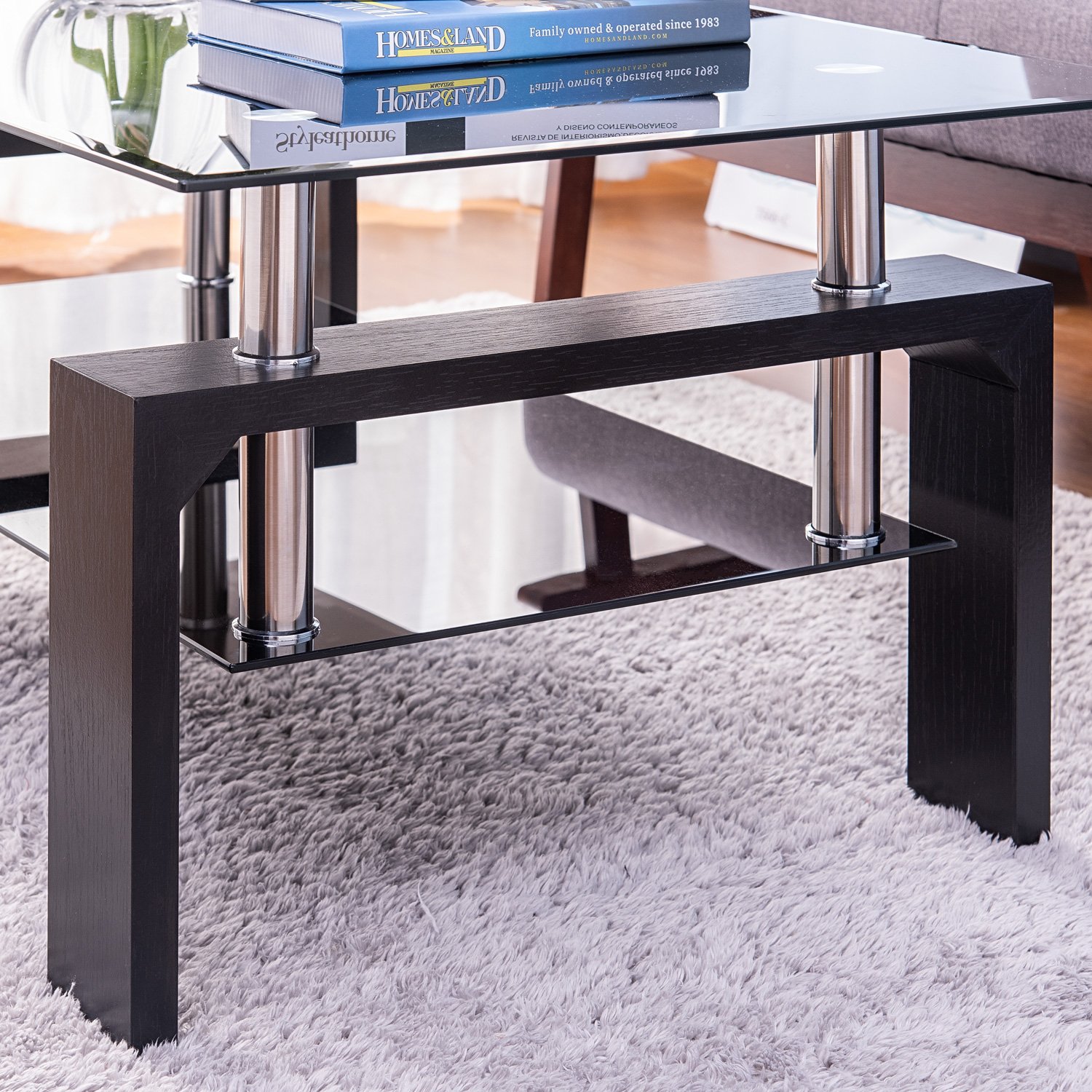 Rectangle Glass Coffee Table, Modern Side Center Table with Shelf & Wood Legs, Mid-Century Tempered Glass Top Tea Table for Living Room, Home Furniture Cocktail Coffee Table - Black, B1257 - image 5 of 8