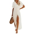 thumbnail image 4 of xiaxaixu Robe de Plage Décontractée pour Femmes, Couleur Unie Manches Courtes Boutonnée Col Rabattu Ample, 4 of 8