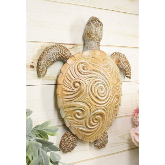 Marine Life Sand Colored Sea Turtle With Ocean Wave Swirls Shell Wall Decor