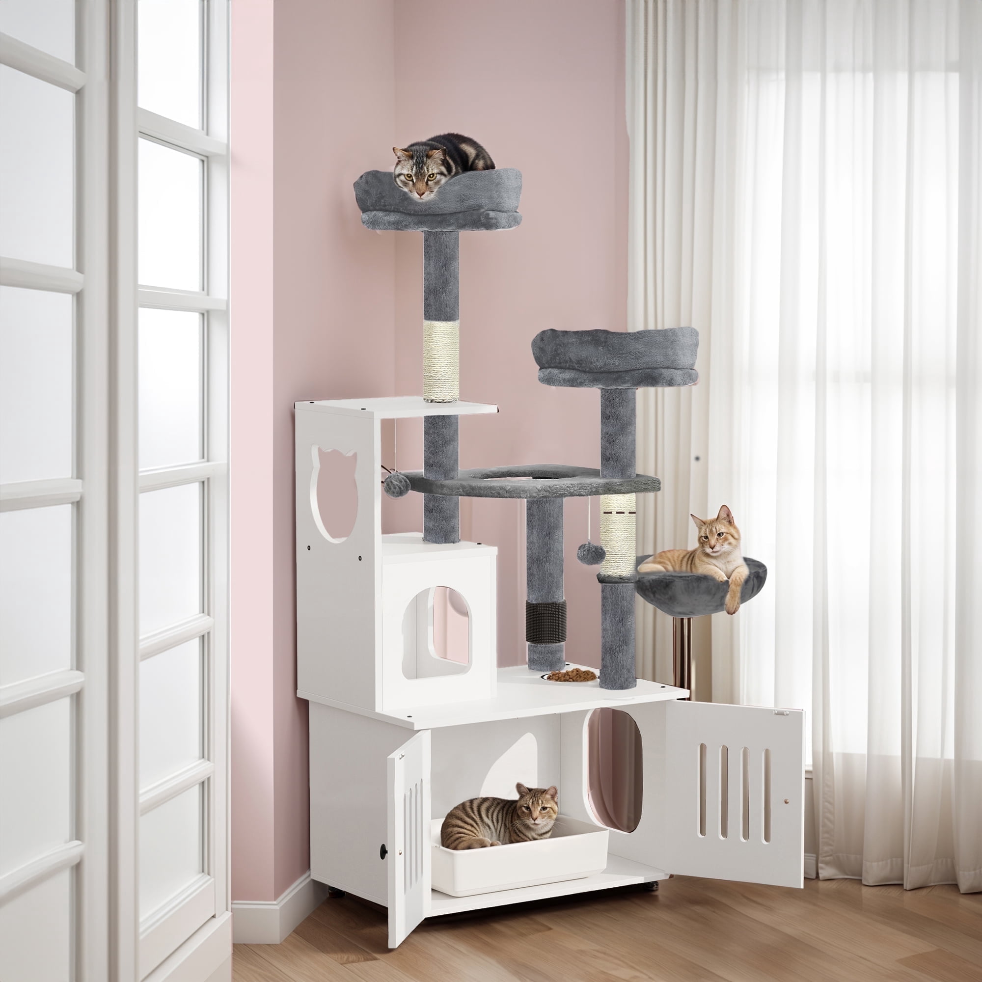 ModFusion Multi-Level Cat Tree Tower, Scratching Posts, Feeding Station, Enclosed Cat Toilet, White & Gray