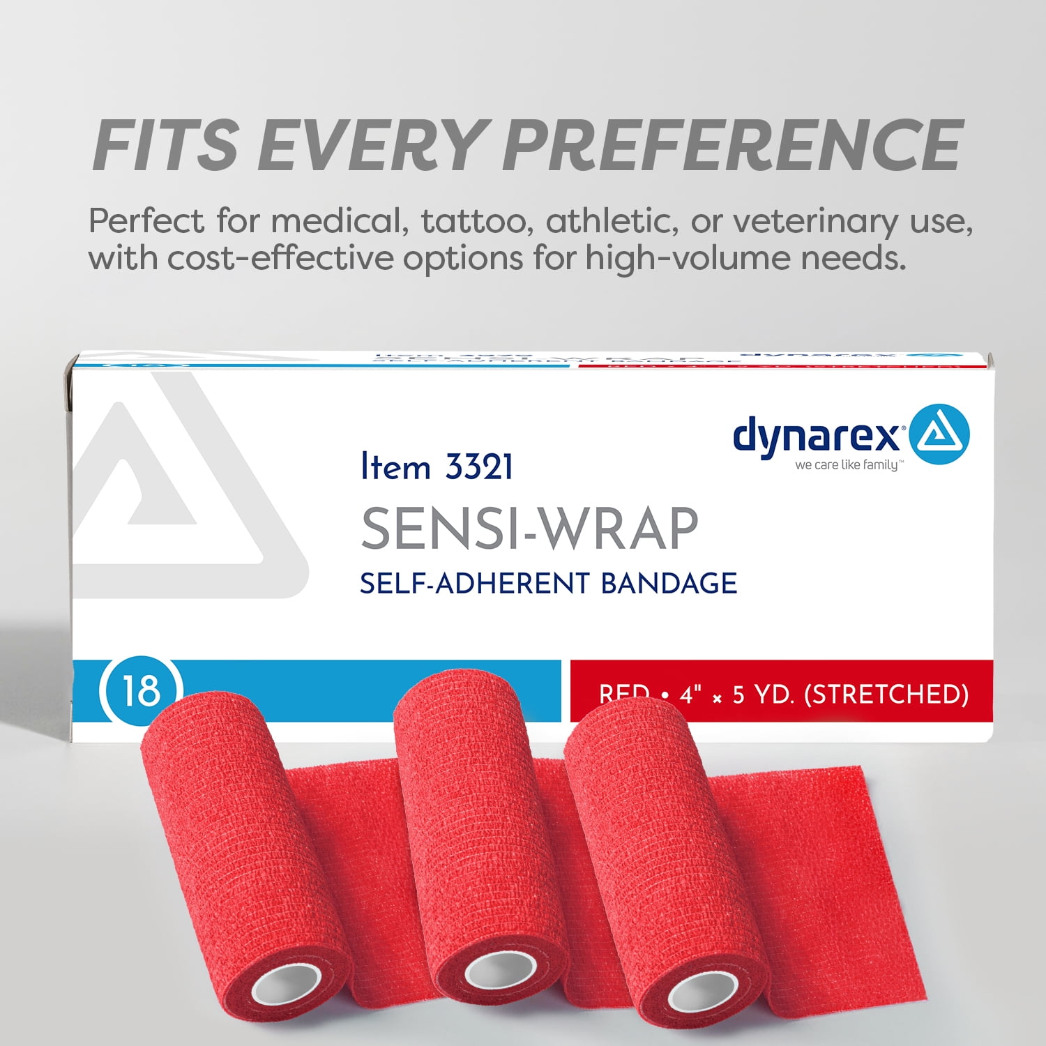 Dynarex Sensi-Wrap Self-Adhesive Bandages, 18-Pack, 4" x 5 yards, Red, Latex-Free, Colored Elastic Cohesive Athletic Tape, Tattoo Grip & Vet Wrap