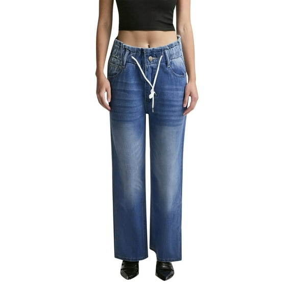 Women's Wide - Leg Jeans with High - Elastic Waist - No Button/Zipper, 4 - Way Stretch Denim, Hidden Core Shaping, Pockets, for Casual & Travel, Multiple Sizes
