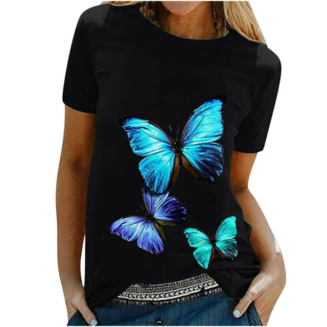 Hauts pour Femmes Manches Courtes T-Shirt Drôle Mignon Manches Courtes Automne T-Shirt Imprimé Papillon Cadeau Hauts Blouse Cadeau pour Femmes Hauts Manches Courtes pour Femmes