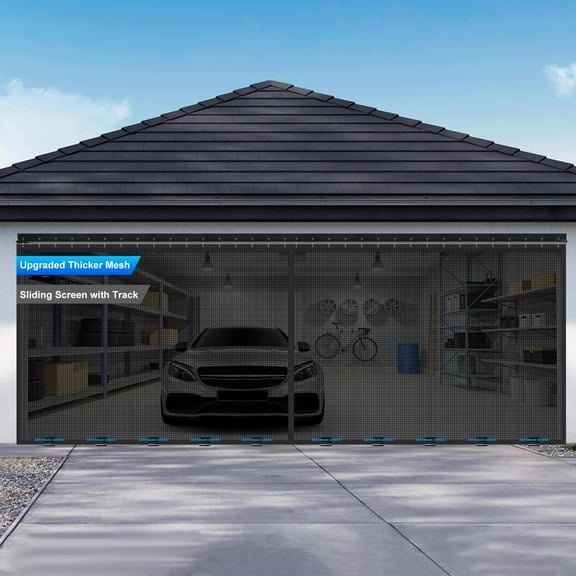 Sliding Garage Door Screen 16x7FT for 2 Car Garage Doors, Magnetic Garage Screen Door with Track Closure, Thicker 265g/㎡ Mesh, 16x7Ft Retractable Garage Door Screen(Patent has Been published)