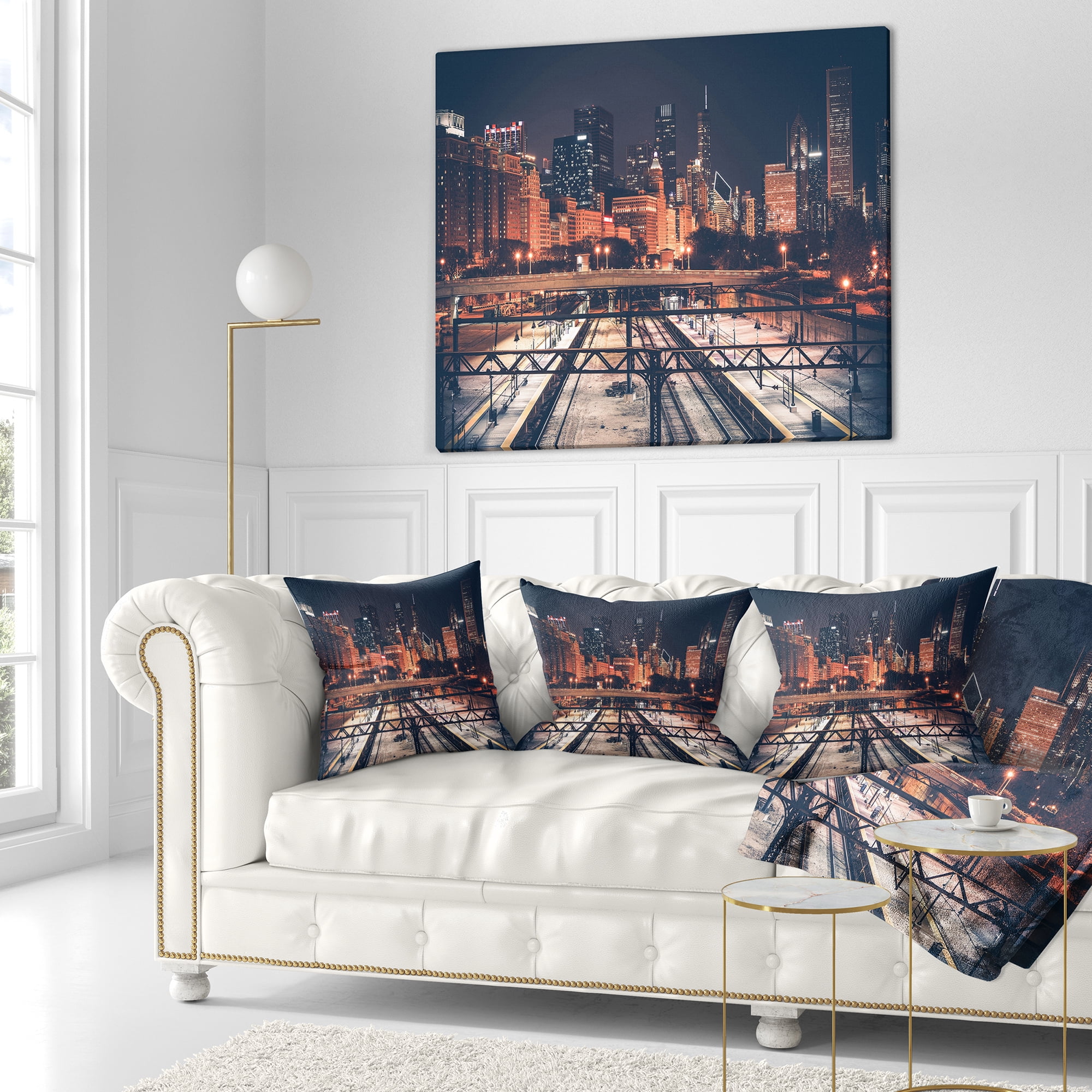 Designart Dark Chicago Skyline and Railroad - Cityscape Throw Pillow - 18x18