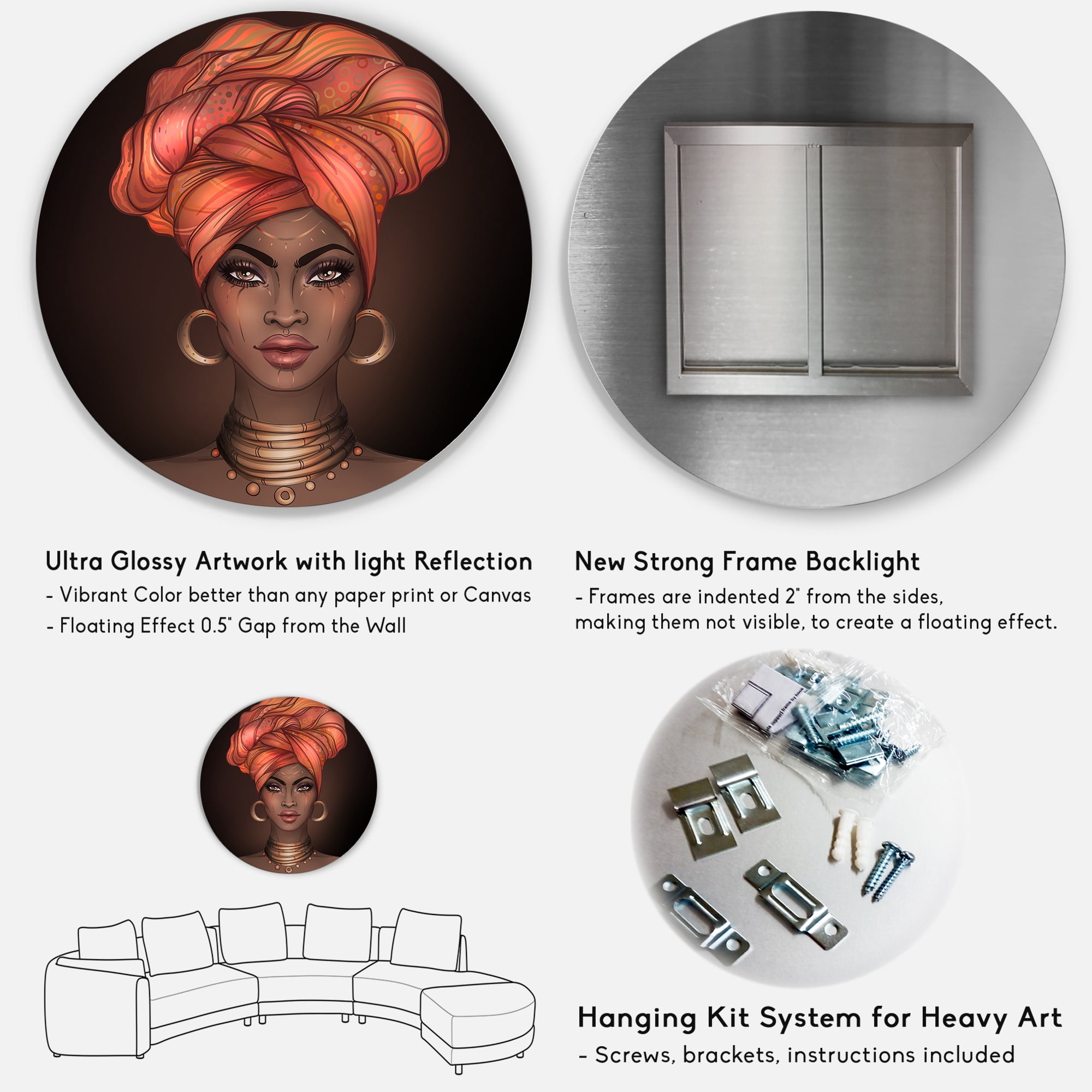 Designart 'African American Woman Portrait with Turban V' Modern Circle Metal Wall Art 36x36 - Disc of 36