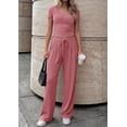 thumbnail image 2 of 2 Piece Sets for Women Summer 2026 Spring Solid Lounge Set Matching V Neck Tops - Wide Leg Pants Airport Travel Outfits Spring & Autumn Pink M, 2 of 6
