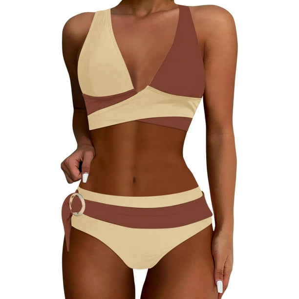 MKLEKYY Trajes De Baño Women High Waisted Bikini Sets Swimsuits Color Block Two Piece Drawstring Bathing Suit