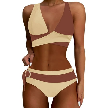 High Waisted Bikini Sets For Women Plus Size Womens Swimsuits Tummy Cute V Neck Color Block Two Piece Swimsuit Twist Front Cheeky Bathing Suits #03 Khaki M