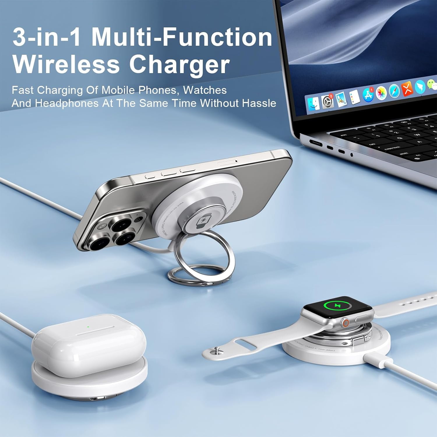 Double Phone Ring Magnetic Charging Holder | Wireless Charging Phone Ring Stand | 3-in-1 Charging Station for Apple Devices | Multi-Device Travel Charger for iPhone, AirPods & Apple Watch (white)