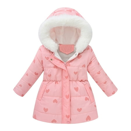 

FUNDUFI Toddler Girls Down Jackets Cute Sweet Love Heart Printed Long Sleeve Hooded Windproof Winter Jacket Zipper Up Warm Loose Fit Fleeced Thickened Winter Coat Jackets Suitable For Dailywear