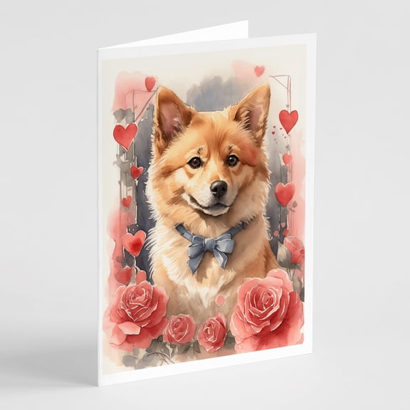 Finnish Spitz Valentine Roses Greeting Cards Pack of 8 7 in x 5 in