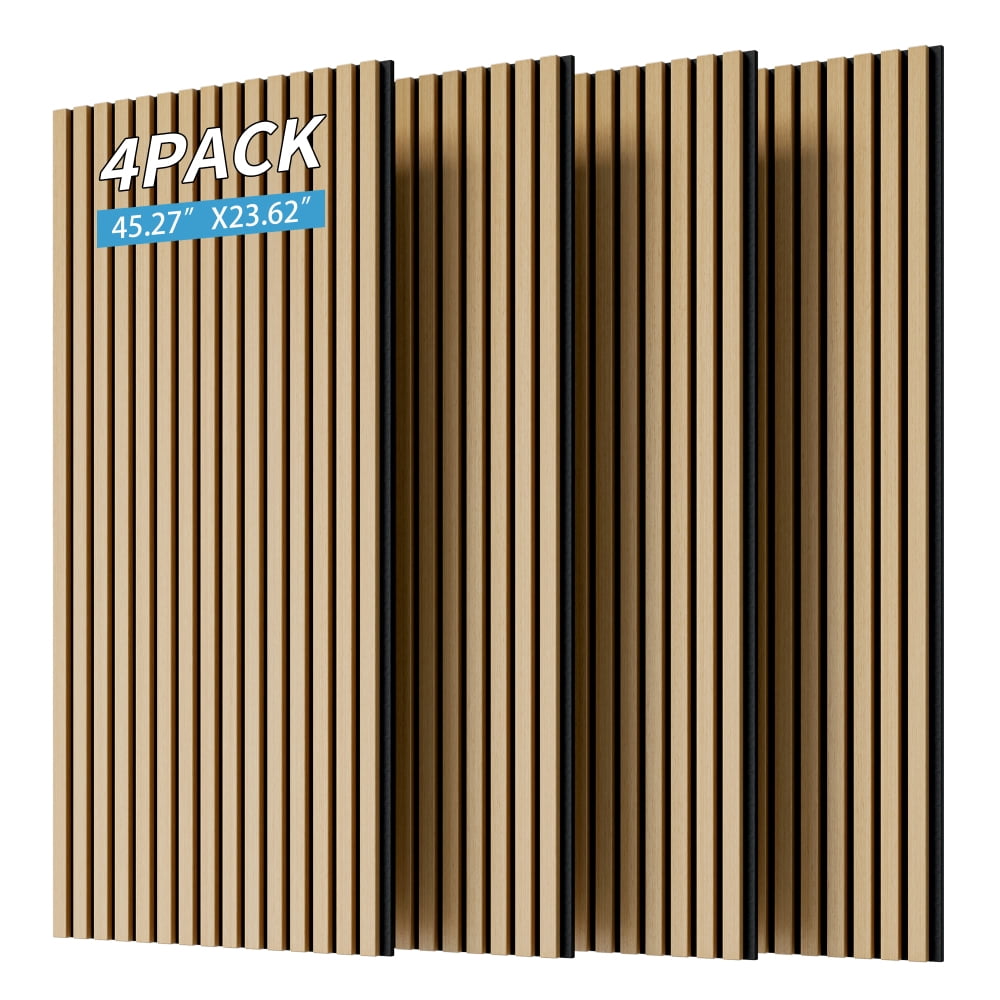 High-Quality 3D Fluted Wood Acoustic Panels, 4-Pack Decorative Slat Wall and Ceiling Panels with Full Wood Finish Wrap