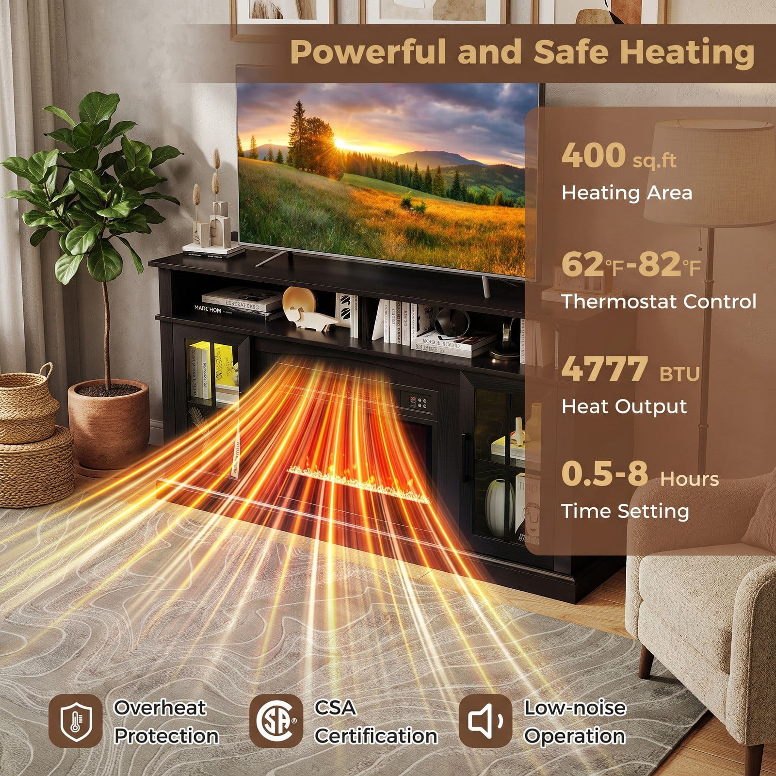 Furnibear 58 Inch Fireplace TV Stand with 4777 BTU Electric Fireplace, RGB LED Lights, Storage Cabinets and Tempered Glass Doors for TVs up to 65 Inch, Living, Black