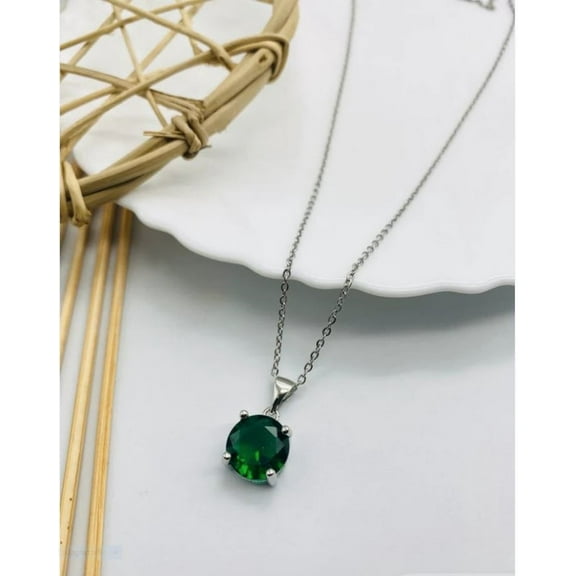 Round Green Emerald Pendant Solid Silver Chain Necklace Genuine Emerald Gemstone Pendant