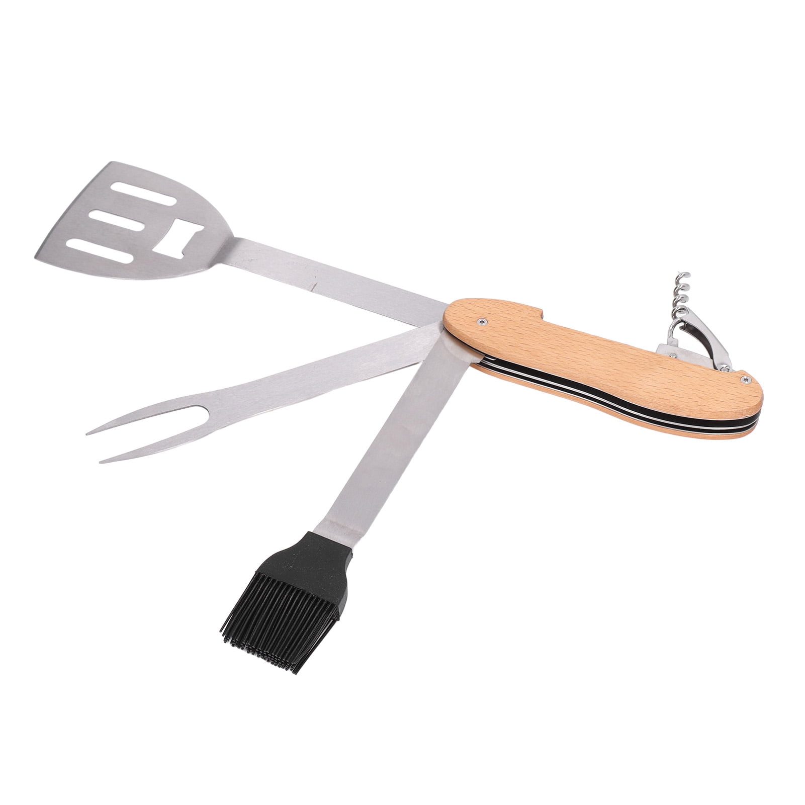 Suodoka 5 in 1 BBQ Tool Set Stainless Steel Foldable Spatula Brush Fork Bottle Opener Multipurpose Portable Grill Combo Kit for Outdoor Cooking and Camping
