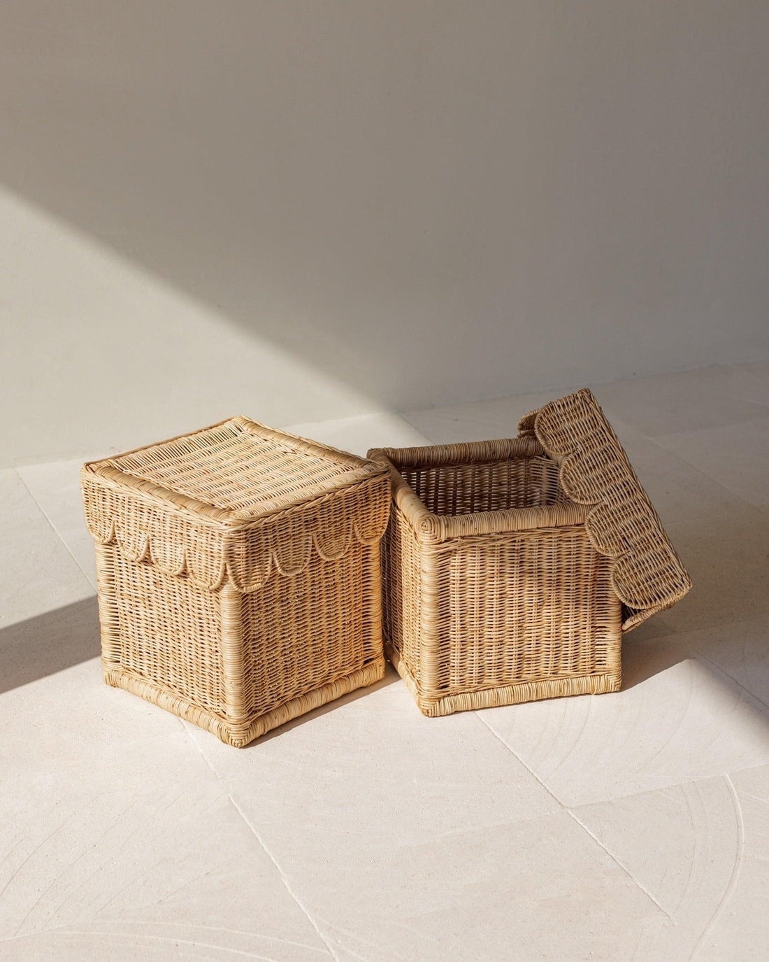 Scallop Storage Rattan Bin with Lid Handwoven Wicker Basket Natural Decorative Organizer Indoor