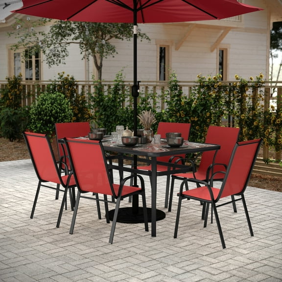 BizChair 7 Piece Commercial Grade Patio Dining Set with Tempered Glass Patio Table and 6 Chairs with Red Flex Comfort Material Seats and Backs