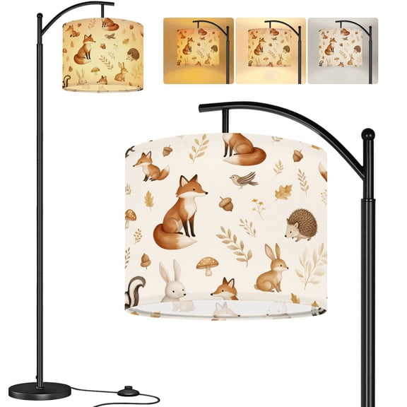 Arc Floor Lamp Whimsical Woodland Creatures Foxes Tall Modern Standing Lamp LED Adjustable Linen Lampshade 3 Color Temperatures