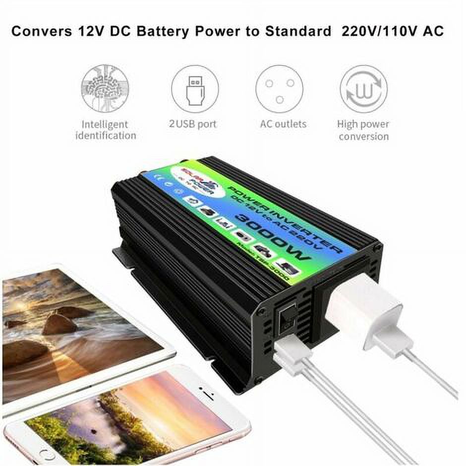 Peak Power 3000W Modified sinusoidal wave inverter High frequency converter DC 12V to AC 220V, Black