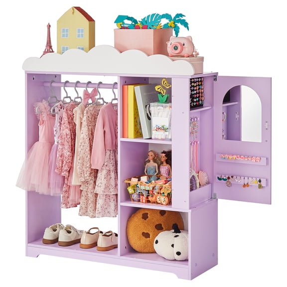 VEVOR Kids Dress Up Storage, with Jewelry Cabinet, Dress Up Closet with Mirror and Shelves, Princess Costumes Wardrobe Closet, Toddler Costume Organizer Armoire, for Bedroom, Kids Room, Girls, Purple