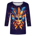 thumbnail image 4 of REORIAFEE Mardi Gras Tee Shirts Mask Prints 3/4 Sleeve Shirts Round Neck Carnival Fancy Tees Theme Party Fashions Tops Loose Blouse Purple XXL, 4 of 5