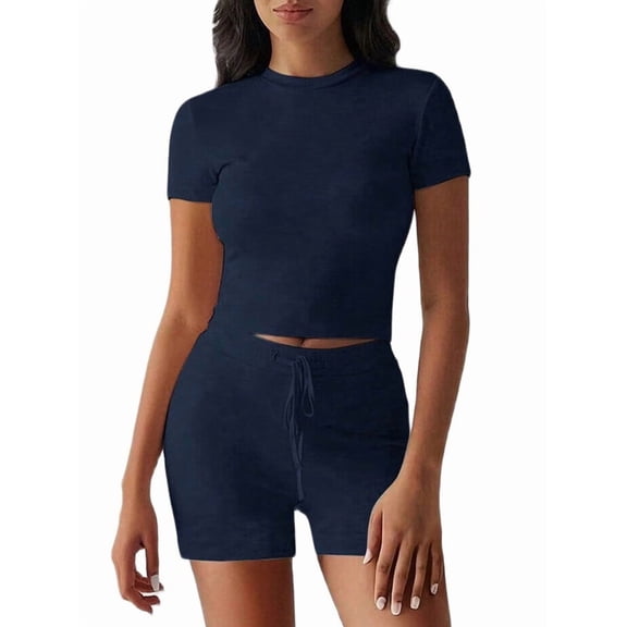 Women'S Summer 2 Piece Outfits Skinny Shorts Tracksuit Sets Navy Blue XL
