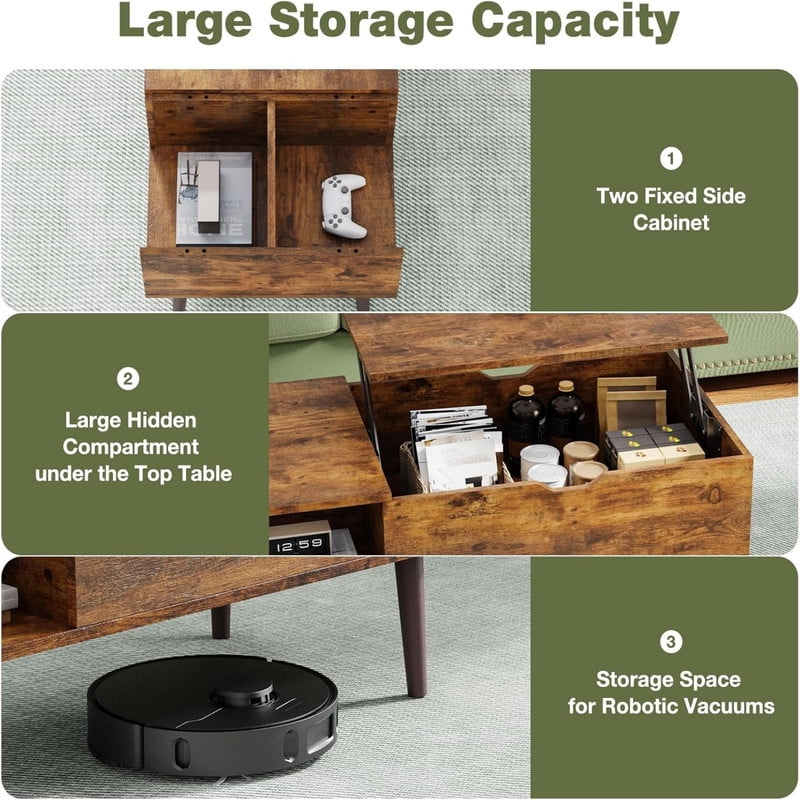 Kelno Lift Top Coffee Table with Hidden Storage Adjustable Height Wood Center Table with Shelf,Rustic Brown