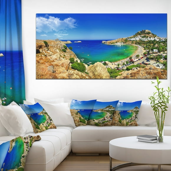 Designart 5 Piece Lindos Bay Greece Panorama Landscape Photo Canvas Print, 60" x 32", Blue