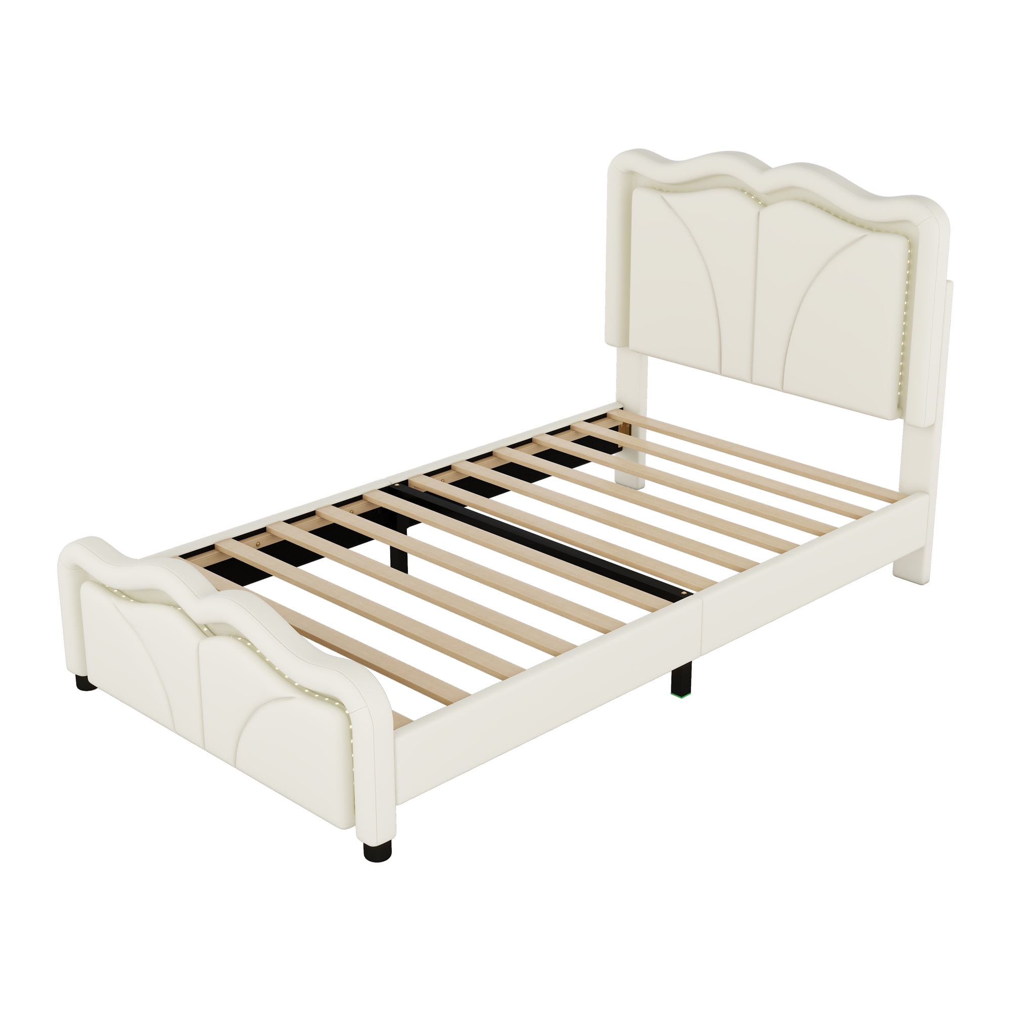 EUROCO Upholstered Twin Platform Bed, Cartoon Bed with Adjustable Headboard and LED Light for Toddler Kids Teens Adults, Beige
