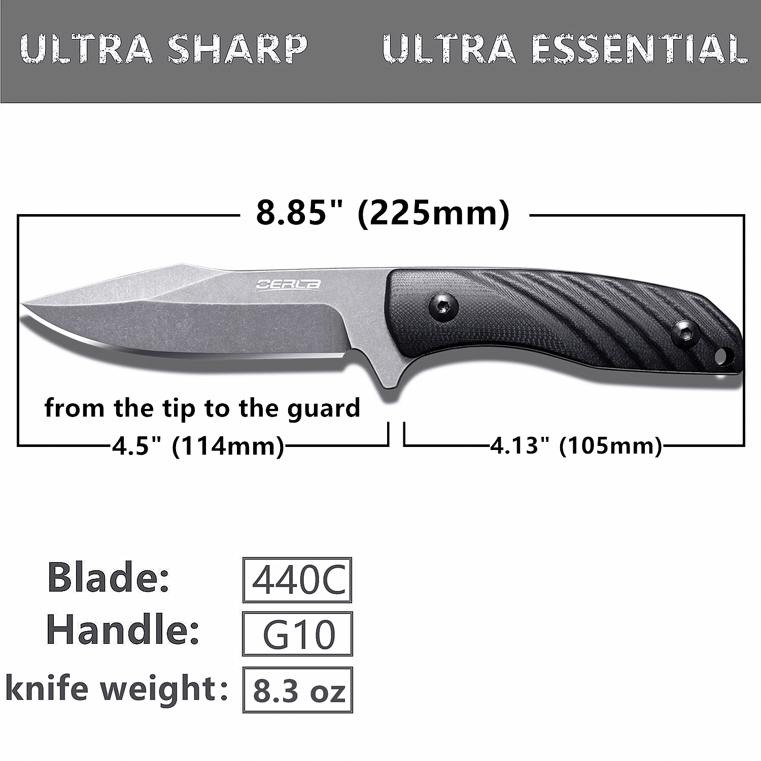 OERLA Olk-043 Fixed Blade Tactical Camping Knife 8.85" with Black G10 Handle and Kydex Sheath