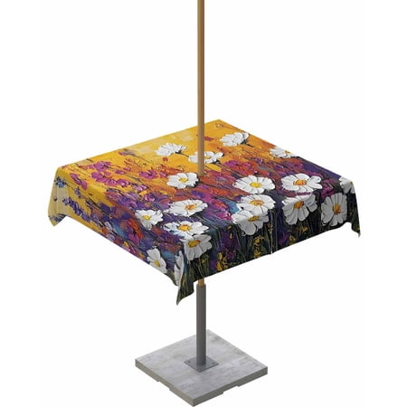 Fsddascl Vintage White Daisy Outdoor Tablecloth - 54x54 Inch Square Dining Table Cover Modern Oil Painted Botanical Waterproof Outdoor Table Cloth with Umbrella Hole & Zipper for Picnic/Patio/Party