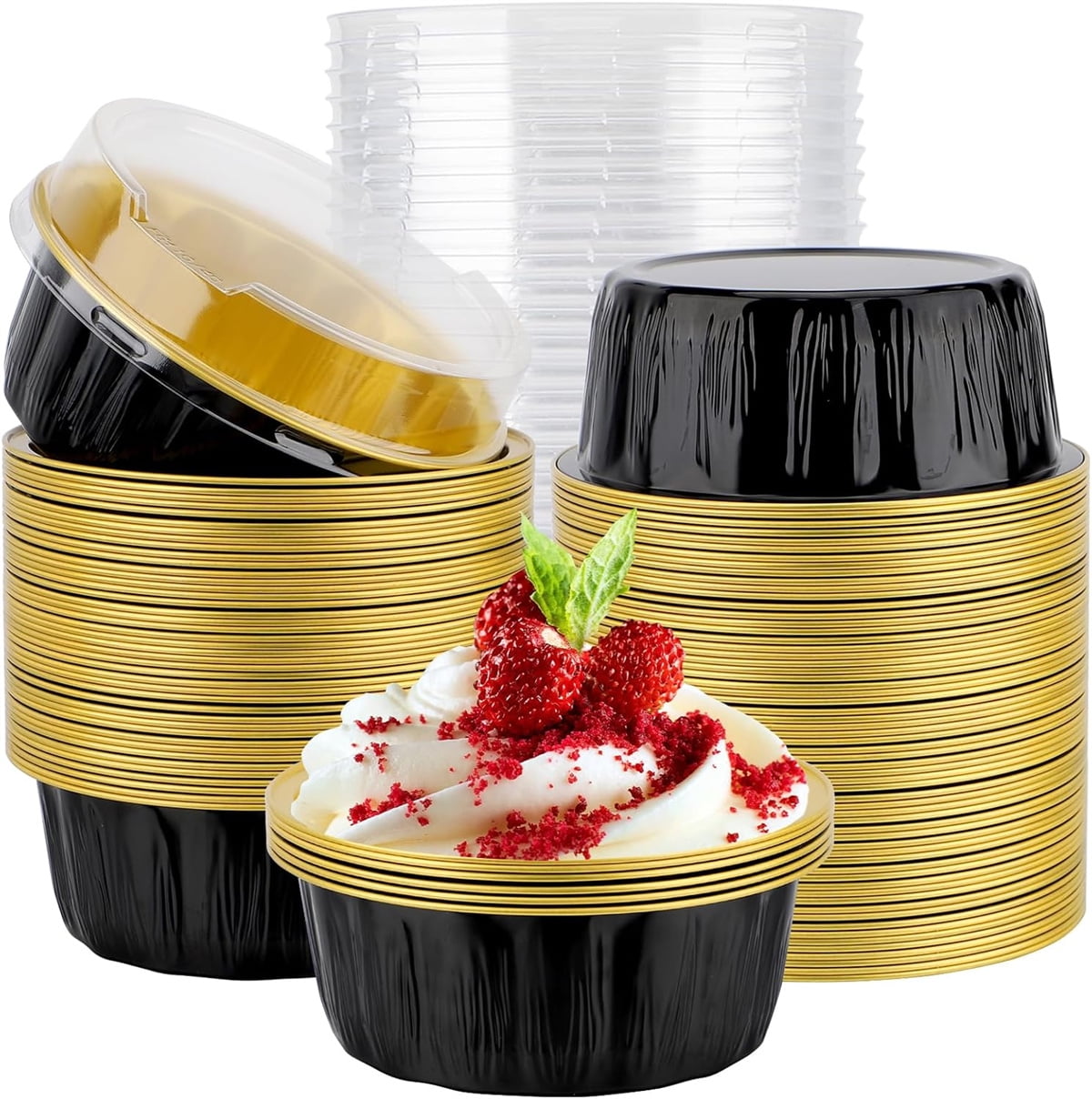 50 Pcs Pink Square Aluminum Foil Baking Cups With Lids - 5oz Disposable Ramekins For Muffins, Brownies, Cheesecake