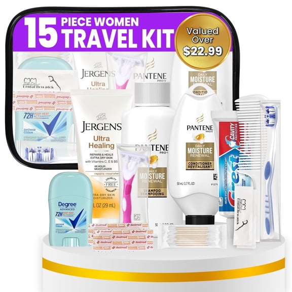 TrekTote Womens 15 Piece Travel Hygiene Kit TSA Size Essentials Personal Care Kit
