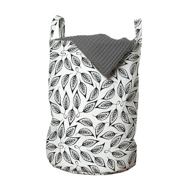 Leaf Laundry Bag, Continuous Ornamental Simplistic Fall Foliage Items Garden Art Theme, Hamper Basket with Handles Drawstring Closure for Laundromats, 13" x 19", Charcoal Grey and White, by Ambesonne