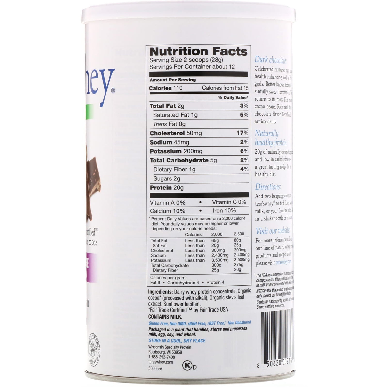 Tera's Whey rBGH Free Whey Protein Powder, Dark Chocolate Cocoa, 20g Protein, 0.75 Lb