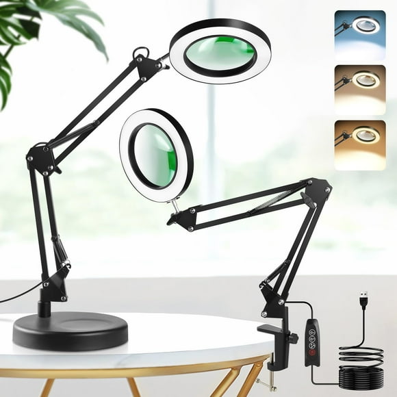 10X Magnifying Glass with Light and Stand, 3 Color Modes,10 Brightness Levels, 2-in-1 Magnifying Desk Lamp with Heavy Base Clamp Hands Free, LED Lighted Magnif