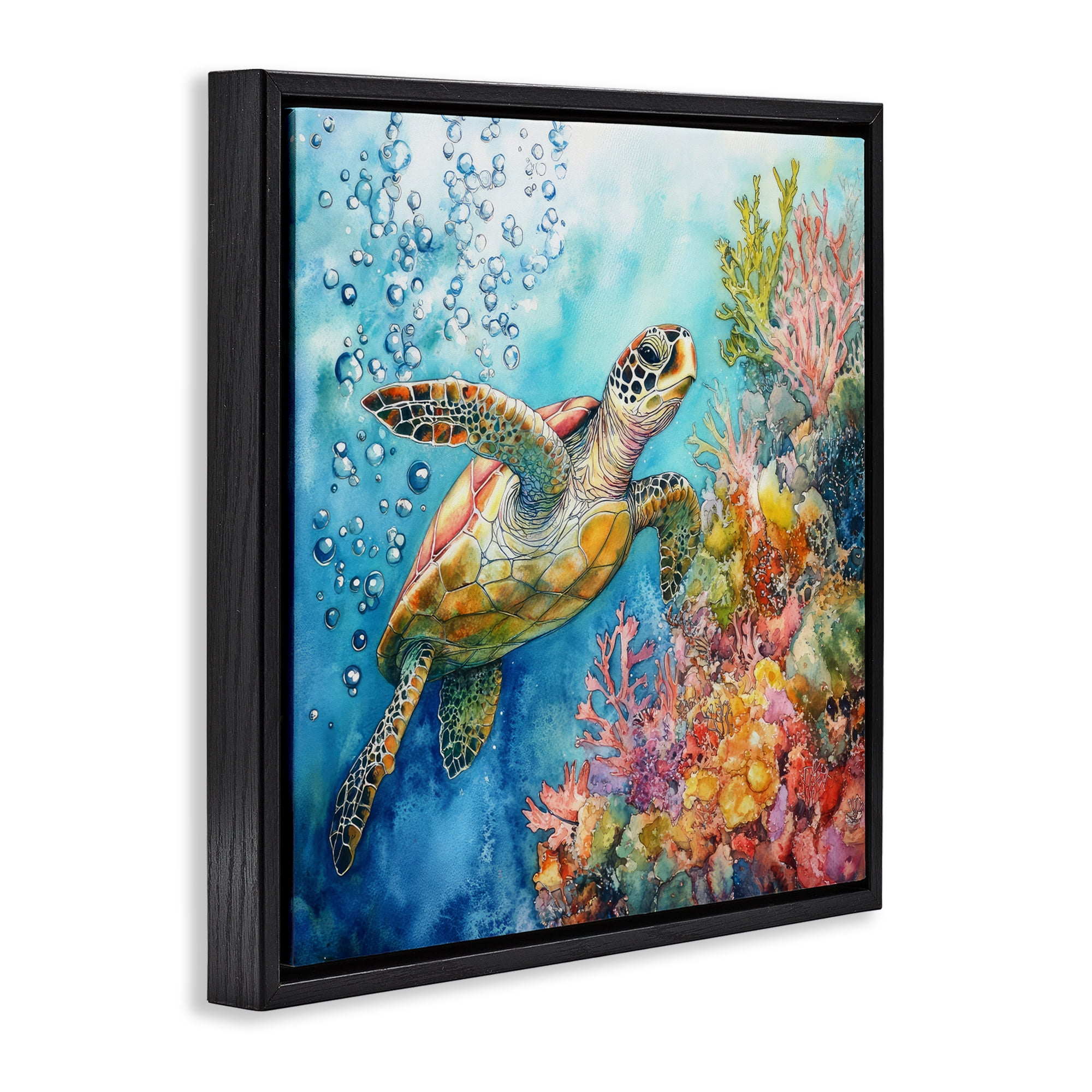 Stupell Industries Underwater Sea Turtle Bubbles Black Framed Floater Canvas Wall Art, design by Tina LeCour
