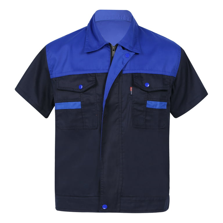 MSemis Men's Regular Fit Short Sleeve Industrial Work Shirt Performance  Utility Uniform Shirt Blue L 