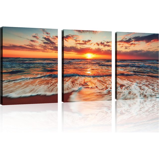 3 Pcs Picture of The Beach Ocean Pictures Blue Sea Beach at Sunrise Picture Print on Canvas
