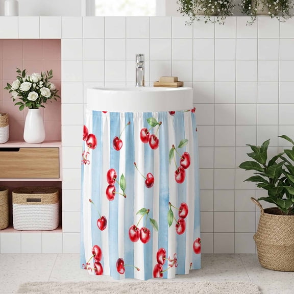 Small Cabinet Curtain 10''W x 11''L, Cherry Farmhouse Under Sink Cover Drapes, Spring Summer Fruit Blue Striped Self Adhesive Cabinet Skirt for Kitchen/Bathroom Vanity/Laundry Room/Open Shelf