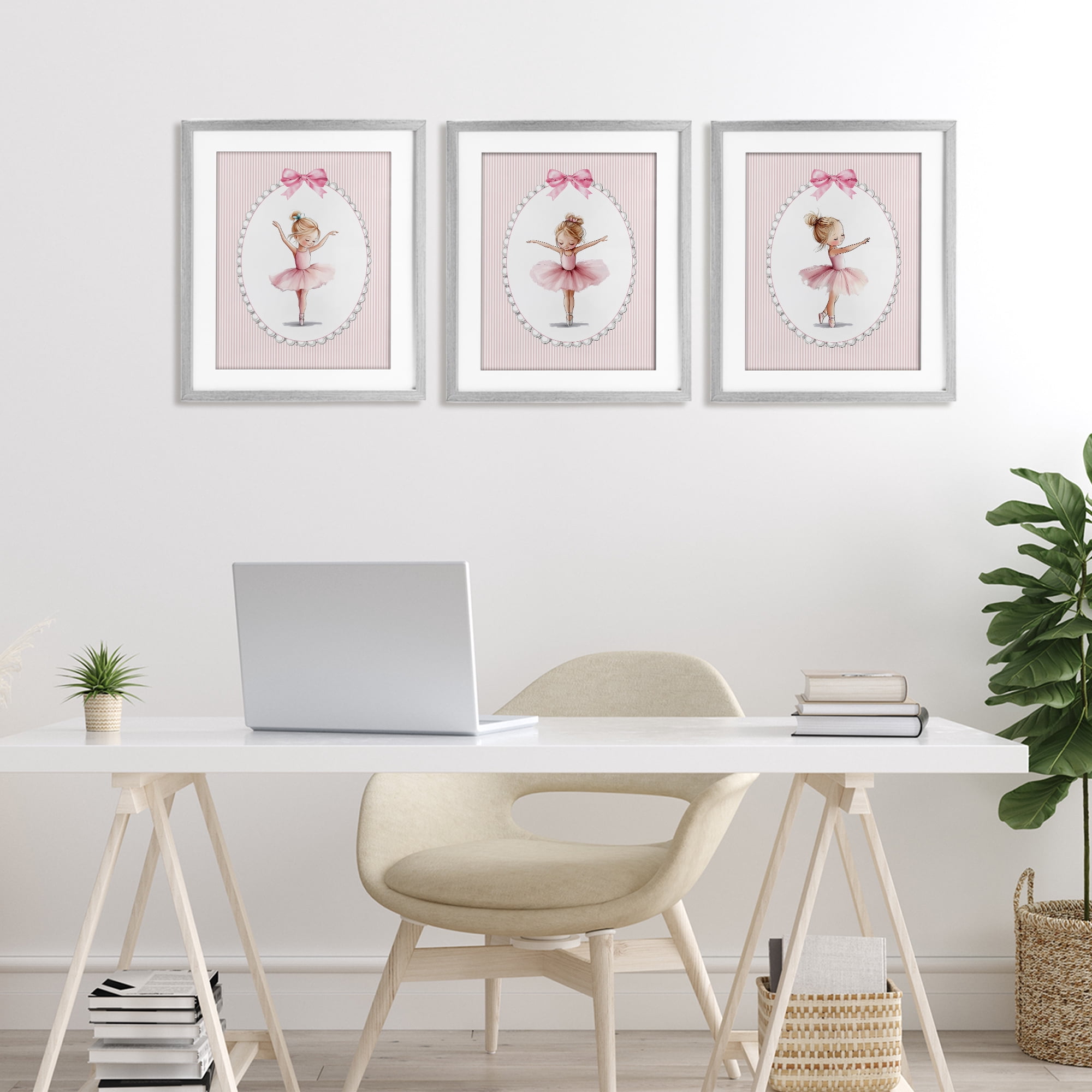 Stupell Industries Dancing Ballerinas in Pink 3 Piece Gray Framed Print Under Glass Set, design by Christine Simpson Art